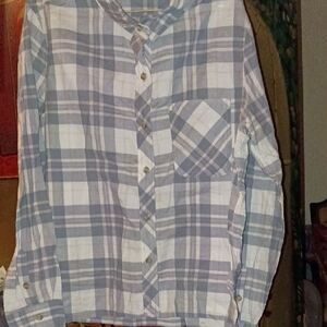 Light Gray and White Plaid Button-Down Shirt